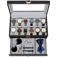 New! - Watch Box, 12 Slot Watch Case For Men With Real Glass Lid - Double Layer Watch Box: In The Top Layer Of The Jewelry Case, There Are 12 Watch Slots With Removable Velvet Pillows. And In The Bottom Layer, There Are Adequate Suitable Area For Your Cufflinks, Necklaces, Bracelets, Earring, Brooches, Sun Glasses And Any Other Jewelry And Belongings. - Made Of Quality Black Faux Leather And Soft Velvet, And Real Glass Lid That Keeps Your Watches From Dust, Offers You An Open View Of The Display Husband Fathers Day Gifts, Mens Watch Box, Leather Watch Box, Prom Gift, Bullet Necklace, Jewelry Organizer Storage, Black Leather Watch, Mens Leather Bracelet, Mens Accessories Jewelry