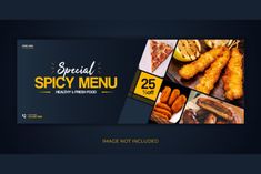 the menu for special spicy menu is shown in yellow and black colors with images of different foods