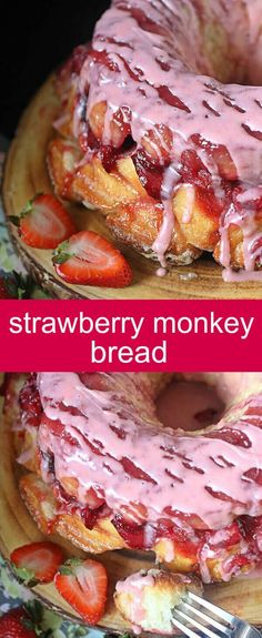 strawberry monkey bread with icing and fresh strawberries on the side, ready to be eaten