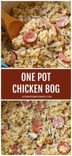 one pot chicken and rice dish in a pan with a wooden spoon on the side