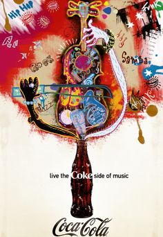 an advertisement for the coca cola company featuring a stylized image of a guitar with music notes all over it