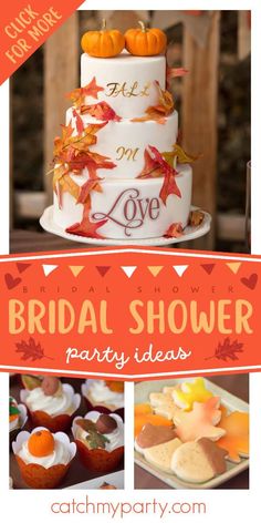 an orange and white fall themed bridal shower party with cupcakes, cookies, cake