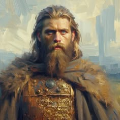 a painting of a man with long hair and beard wearing a golden armor, standing in front of a blue sky