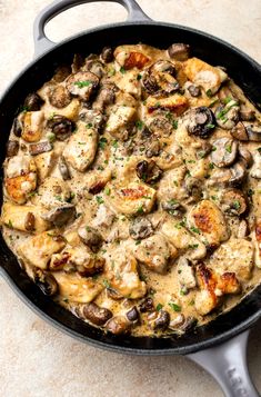 a skillet filled with chicken and mushrooms