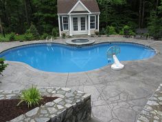 a backyard with a swimming pool surrounded by trees