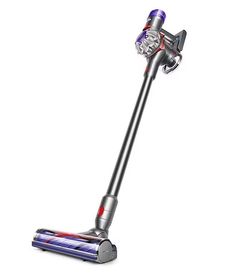 a silver and red vacuum cleaner on a white background