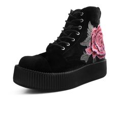 T.U.K. Shoes Black Velvet 3D Embroidered Rose Viva Creeper Boot AV9320L Velvet Creepers, Creeper Boots, Nerd Girl, Creepers, Outfit Goals, Dream Shoes, Black Velvet, Black Suede