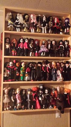 a wooden shelf filled with lots of dolls