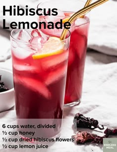 the recipe for hibiscus lemonade is shown in two glasses