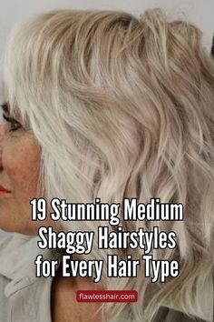 Wavy Mid-Length Shag For Women Over 50 Mid Length Shaggy Bob, Shags For Wavy Hair, Easy Shag Haircut, Med Shag Haircut, Medium Length Shag Haircuts Modern, Shaggy Wavy Hair Mid Length, Shag Haircuts For Women Over 50, Shag Hairstyles Medium Over 50, Shag Haircut Wavy Hair