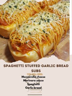 the spaghetti stuffed garlic bread is ready to be eaten for lunch or dinner at home