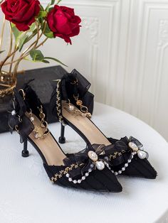 Nymph Bow at Top Artificial Pearls Decorated 7CM Black Stilettos Fairy Heels, Princess Heels, Kasut Tumit Tinggi, Hak Tinggi, Heel Sandals Outfit, Fairy Shoes, Fancy Heels, Dr Shoes, Cute Shoes Heels