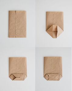 four different views of origami folded in brown paper