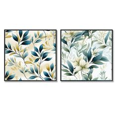 two paintings with blue and white flowers on them