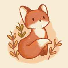 a drawing of a fox sitting on the ground with leaves around it's legs