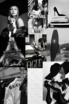 black and white collage with images of women in hats, clothing, and shoes