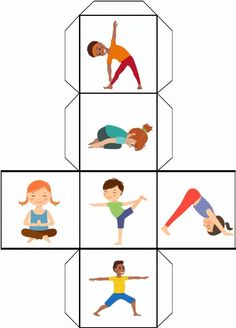 children doing yoga poses in four squares