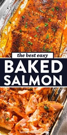 baked salmon in a baking pan with the title overlay that reads, the best easy baked salmon