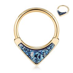 a pair of gold hoop earrings with blue druzby stone in the shape of a triangle