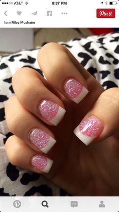 Pink Tip Nails, Glitter Tip Nails, Emerald Nails, French Tip Nail Designs, French Tip Acrylic Nails, Tip Nails, Nails Polish, Pink Nail