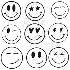 six smiley faces with different expressions in black and white, each with an individual's face