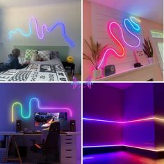 four different pictures with neon lights in the bedroom and on the wall, there is a man sitting at his desk