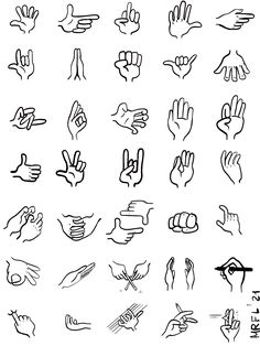 many different hand gestures drawn in black ink on a white background, each with an individual's finger