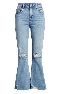 Rock a vintage-meets-modern vibe in high-rise, raw-cropped flare jeans made from stretchy denim that's ripped and faded. 26" inseam; 10 1/2" front rise Zip fly with button closure Five-pocket style 93% cotton, 5% polyester, 2% spandex Machine wash, tumble dry Imported Ripped Cutoff Flare Jeans For Fall, Trendy Mid-rise Ripped Flare Jeans, Ripped Flare Denim Jeans, Trendy Fitted Ripped Flare Jeans, Ripped Denim Flare Jeans, Trendy Cutoff Flare Jeans With Frayed Hem, Trendy Stretch Cutoff Jeans, Trendy Stretch Distressed Flare Jeans, Trendy Ripped Flare Jeans