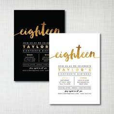 a black and white wedding card with gold foil lettering on the front, and an elegant cross design on the back