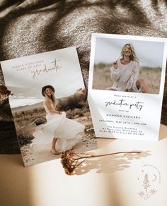 two photos of a woman in white dress next to an open book on a bed