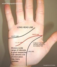 a person's hand with the words long head line and heart line on it