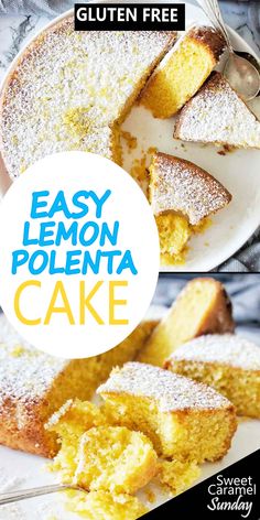 easy lemon polenta cake with powdered sugar on top and the title overlay reads easy lemon polenta cake