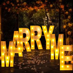 lighted marquee letters spelling marry me in front of an arch with flowers on it