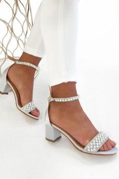 The most gorgeous chic pearl anklet heel shoe, perfect for any special occasion.  Heel height:... Silver Block Heels, Beautiful Sandals, Wedding Sandals, Perfect Shoes, Bridal Shoes