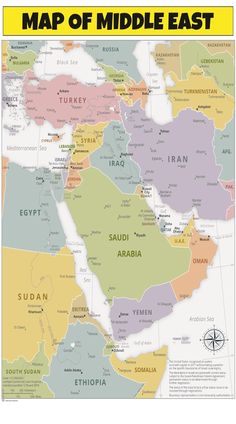 a map of middle east with the names of countries in yellow and green, on top of