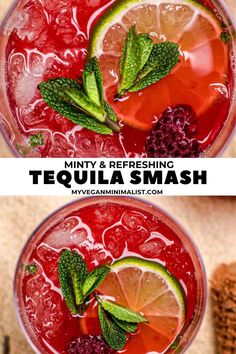 two glasses filled with red liquid and garnished with limes, minty and refreshing tequila smash