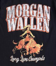 the morgan wallen long live cowboys t - shirt is black with orange and white lettering