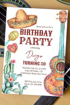 a birthday party card with an image of a guitar and sombrero on it