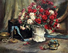 a painting of red and white flowers in a vase on a table next to a mirror