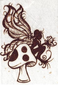 a drawing of a mushroom with a fairy sitting on it