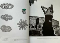 an open book with black and white pictures on it's pages, including brooches