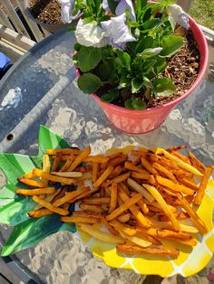 french fries are on a plate next to a potted plant and a paper plate