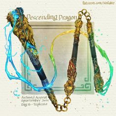 an artistic illustration of two different types of dragon wands with blue and green paint splattered on them