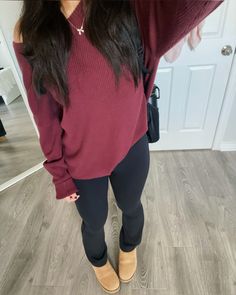 #flare #flaredleggings #thrift #knittedsweater #redsweater #uggs #leggings #falloutfit #cozyoutfit #lululemon What To Wear With Grey Flare Leggings, Fall Inspo Outfits Leggings, Flared Leggings And Sweater, Long Sweaters Outfits, Cozy Flare Leggings Outfit, Long Sleeve And Leggings Outfits, Leggings Outfits Aesthetic, Outfits With Brown Flare Leggings