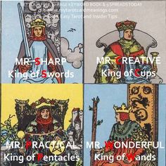 four different tarot cards with the king and queen