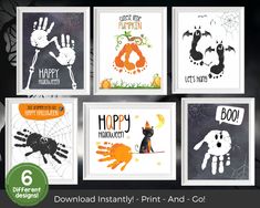 six halloween cards with handprints on them