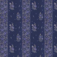 a blue and purple striped fabric with floral designs on the border, in various colors