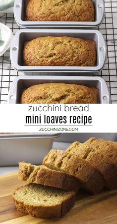 three loafs of zucchini bread sitting on top of a wooden cutting board