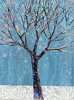 a painting of a tree with no leaves on it in front of a blue background