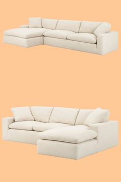 two images of a white couch and ottoman on an orange background with the same color